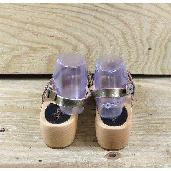 New Swedish Hasbeens Clogs 9.5 Metallic Gold 40 Rivet Wooden Platform Sandals - Picture 3 of 11